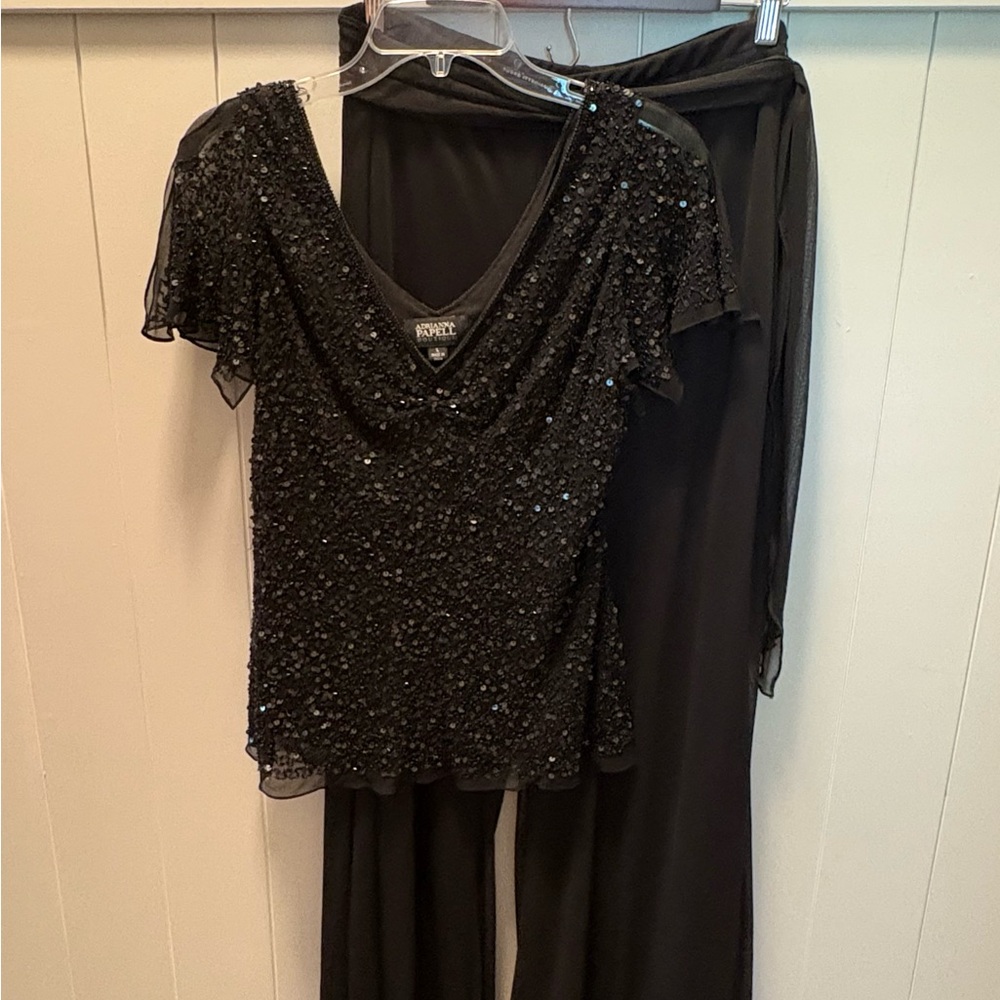 Adrianna Papell Black Beaded Top and Pants Set
